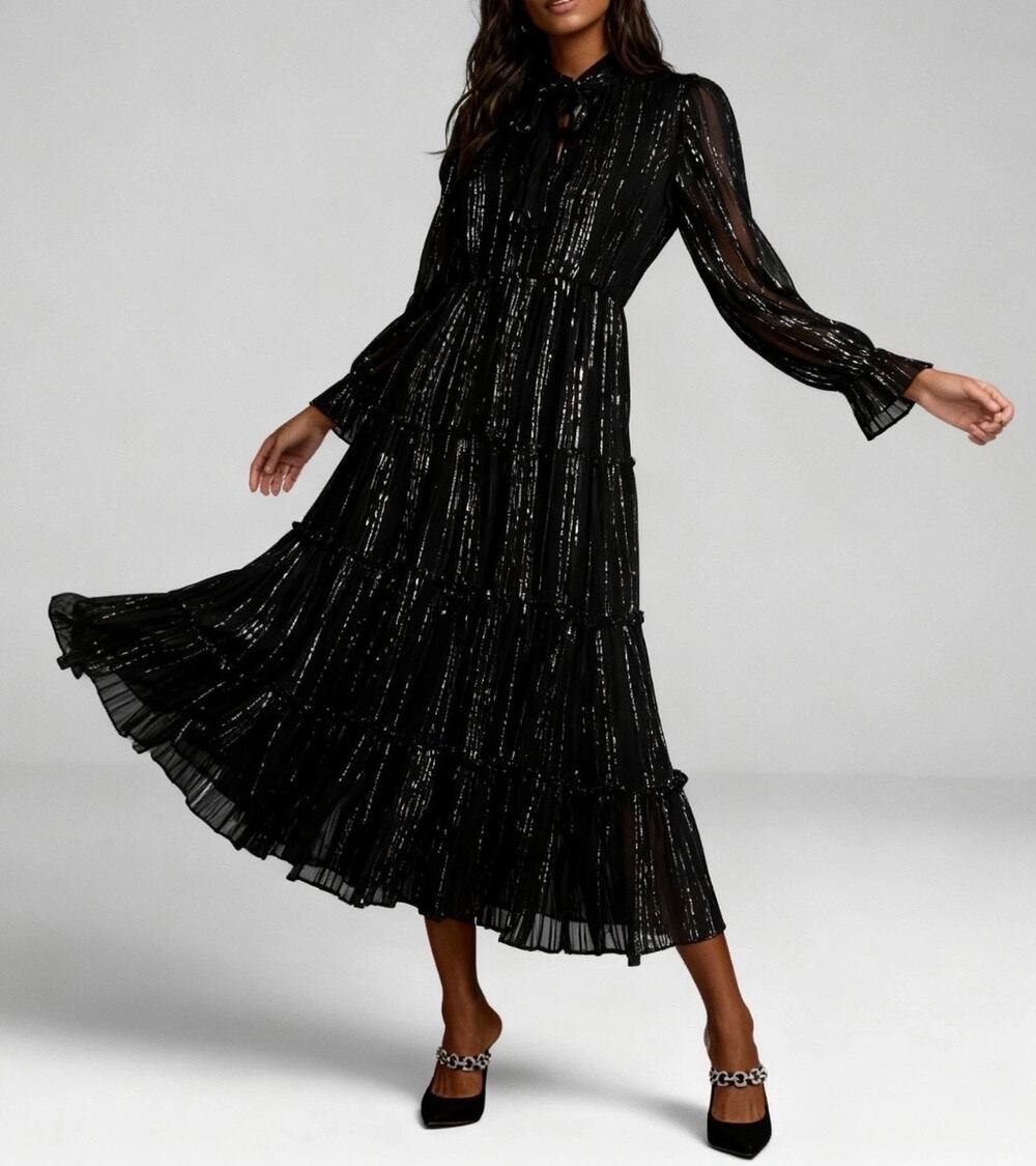 NWT Elan Metallic Striped Tiered Maxi Dress Semi-Sheer Womens Large Black Silver